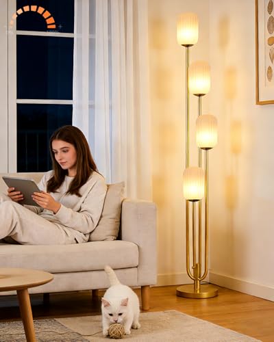 Image of Lightdot Gold Floor Lamp 4-Lights Dimmable Floor Lamps with Cylinder Shade 3000K Bulbs Included Unique Modern Standing Tall Lamp with 5Lbs Heavy Base for Living Room /Bedroom /Sofa Beside /Corner Decor