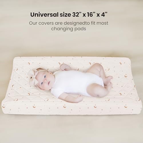 Image of Konssy Waterproof Muslin Changing Pad Cover 2 Pack, Quilted Cotton Fitted Diaper Changing Table Cover, Soft Changing Pad Sheets for Girls Boys (Coffee Check,Moon)