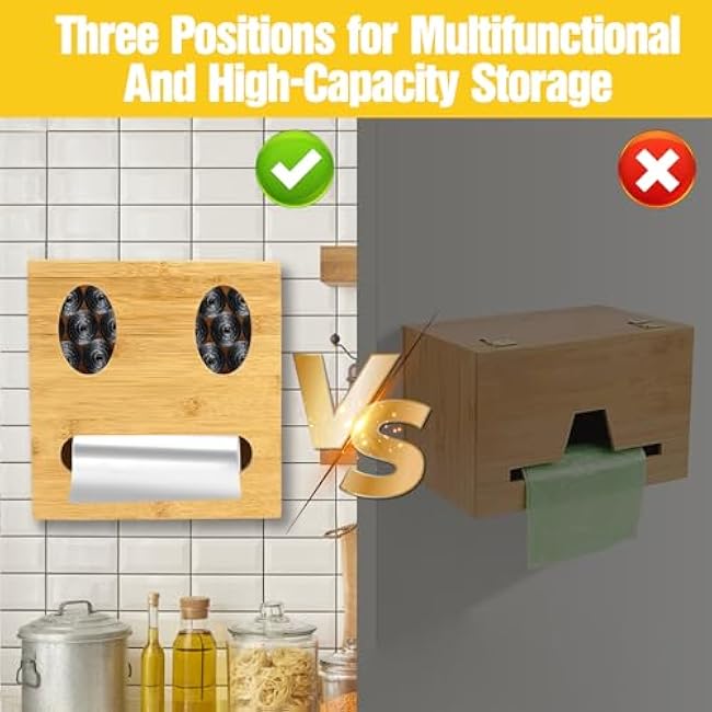 Trash Bag Holder Dispenser Wooden, 3-in-1 Bamboo Grocery Bag Holder & Trash Bag Dispenser for Grocery Bags and Garbage Bags, Wall Mount Trash Bag Holder for Home Kitchen Cabinet Organization