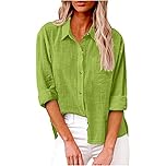 Essential 2024 Womens Tops Dressy UK Casual Summer Button Down Cotton Linen Shirts Work Office Women Blouse and Shirts Roll Up Long Sleeve Lapel Blouses Trendy Loose Fit Ladies Tops