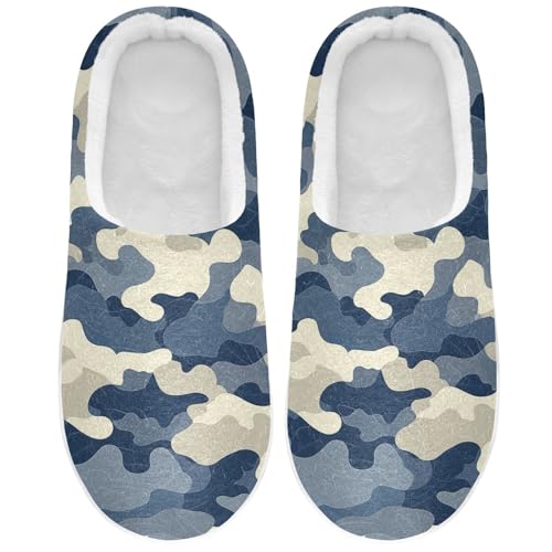 Camouflage Blue Beige Mens Cotton Slipper Soft Memory Foam Home Slippers for Travel Christmas Presents 6-7