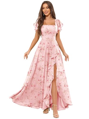 TORYEMY Chiffon Bridesmaid Dresses with Sleeves for Women Long Square Neck Ruffle Formal Evening Dresses with Slit