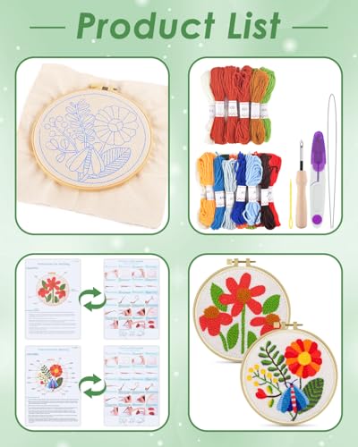 Image of ERKOON Punch Needle Kit Adults Beginners, 2 Pcs DIY Easy Flower Embroidery Set for Starter Art Craft, Needling Punching Project with Patterns, Tools, Yarns, Hoop, Instruction (Safflower)
