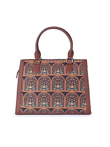 Image of ZOUK Printed Jute Handcrafted Vegan Leather Multicolor Women's Satchel Bag | Ladies Purse Handbag | Double Handle Detachable Strap