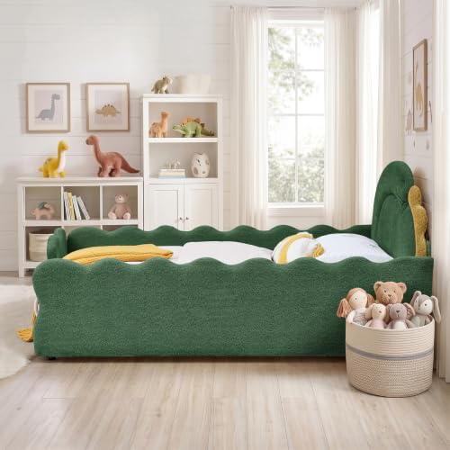 Image of Full Bed Frame for Kids, Floor Platform Bed Dinosaur, Green