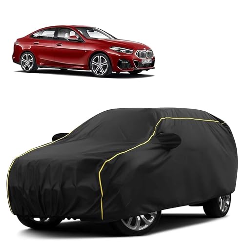 Image of Sulfar 100% Water Resistant Car Body Cover Compatible with Mirror for BMW 2 Series (Triple Stitched, Full Bottom Elastic, Black Taffeta with Yellow Piping)