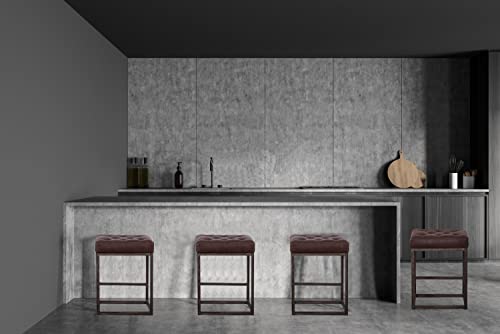 Counter Height Bar Stools Set Of 2 Industrial Stools Geometric Upholstered Barstools, 24 Inch Mid Century Barstool Backless Leather Stool Chair With Footrest For Kitchen Island Dining Room, Brown #TOP4