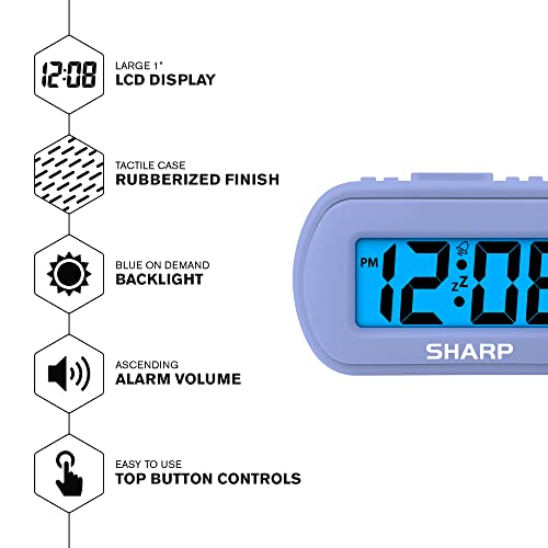 Sharp Digital Alarm Clock – Tactile Case With Soft Rubberized Finish - Battery Operated – Blue Backlight On Demand – Ascending Alarm – Easy To Use – Lavender #TOP2
