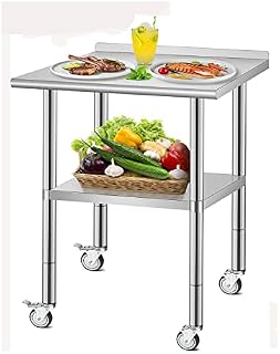 ybaymy Stainless Steel Table with Wheels Kitchen Prep Table 60x90cm Commercial Work Bench with Adjustable Shelf Heavy Duty Catering Table for Restaurant Garage Laundry Room Outdoor BBQ
