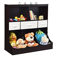 COSTWAY Children Bookcase, Toy Storage Organizer with 5 Open Cubes and 3 Removable Drawers, Freestanding Kids Bookshelf Storage Unit for Playroom Bedroom (Brown)