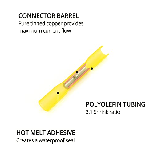 Wirefy 150 PCS Heat Shrink Butt Connectors Yellow 26-24 AWG - Marine Grade Butt Splice Connectors - Electrical Waterproof Heat Shrink