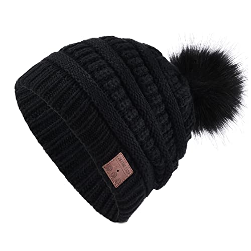 FashionLive Wireless Beanie Music Hat for Women Girls Upgrade Pompom Musical Headphone Stereo Speaker Hat with Mic Speakerphone Knit Pom Beanie Hat Warm Black