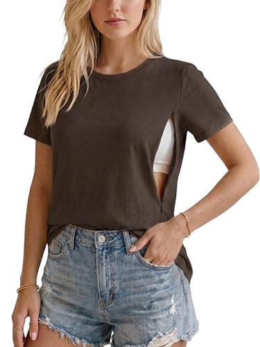 Ecavus Women's Nursing Shirts for Breastfeeding, Hidden Zipper Nursing Tops, Soft Loose Fit Postpartum Tee for Pregnancy Moms Charcoal