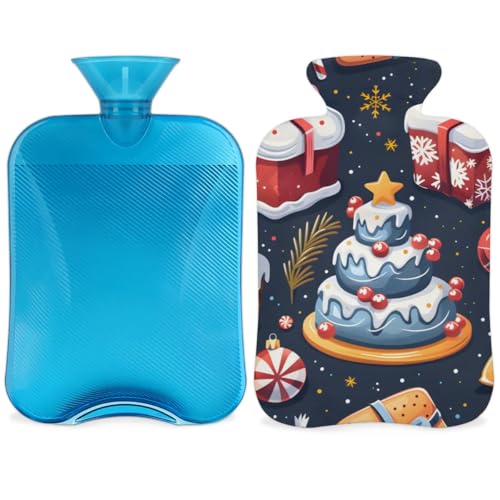 Hot Water Bottle with Soft Cover,2L Bright Xmas Gift Box Hot Water Bag for Hot and Cold Compress, Hand Feet Warmer, Rubber Hot or Cold Water Bottle Halloween Christmas Decorations