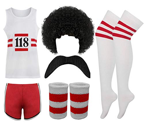 FASHIONISM Mens Womens 118 Fancy Dress Costume Adults 118 Print Vest Stripe Shorts Tash Wig Wristband and Referee Socks Set (6Pcs Set Large)