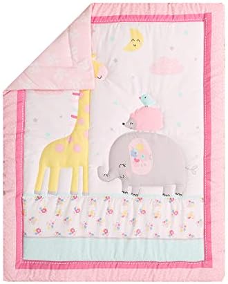 Brandream Baby Crib Bedding Set for Girl Boy Elephant Nursery Bedding with Comforter Fitted Sheet Bed Skirt Diaper Stacker Jungle Animal Elephant Giraffe Bird Print, 4 Piece