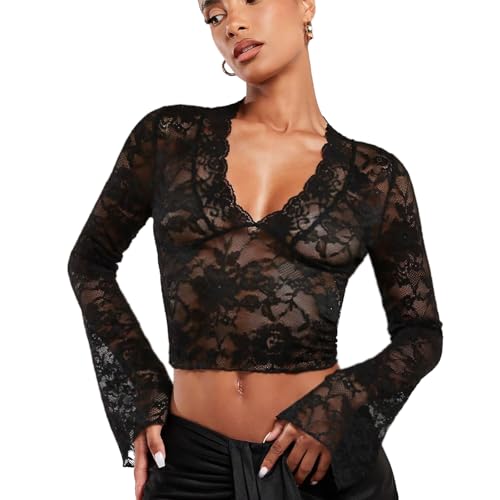 TUONYIS Mujer Camiseta Transparente Manga Larga Camiseta Blusa Transparente para Mujer Parte Superior de Malla Sexy Malla Top Manga Larga con Encaje (FR/ES Letras, S, Regular, Regular, Negro)