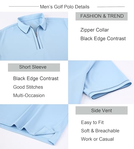 Alex Vando Mens Zipper Golf Shirt Moisture Wicking Zip Up Solid Fashion Polo Shirts