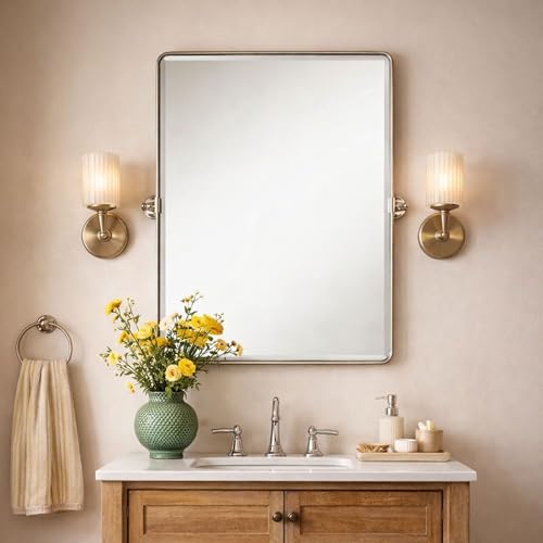 Image of Farmhouse Pivot Rectangle Bathroom Mirror Brushed Nickel Metal Framed Tilting Beveled Vanity Mirrors for Wall, Overall 27.91x 30 inches (Mirrror 24 x 30 inches)