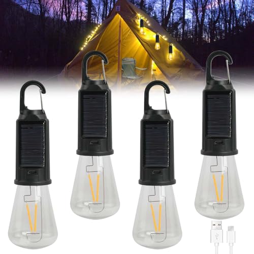 Juego de 4 lámparas solares para camping, luces de camping, recargables, con mosquetón, linterna LED para camping, camping, senderismo