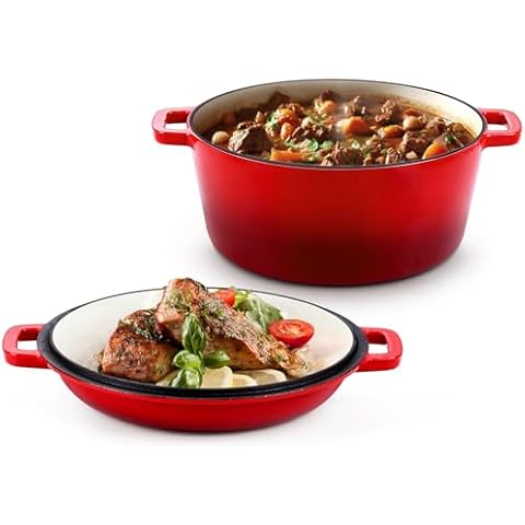 HaSteeL 2 in 1 Enameled Cast Iron Dutch Oven, 5 QT Pot & 2 Quart Skillet Lid Pan, Non-Stick Cookware Multi Cooker for Bread Baking Cooking Stewing, Suit for All Cooktops, Dual Handles & Oven Safe, Red Cover