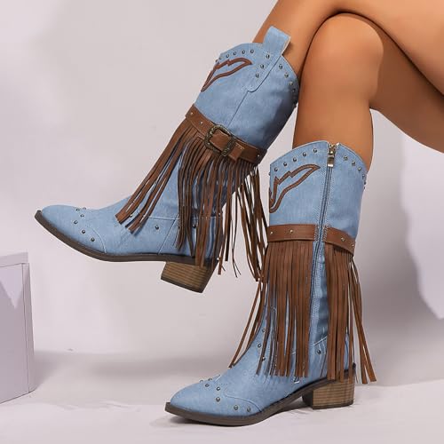 Women'S Chunky Heel Western Boots With Rivet Belt Buckle Fashion Pointed Toe Pull-On Block Heels Fringe Western Mid Calf Boots3