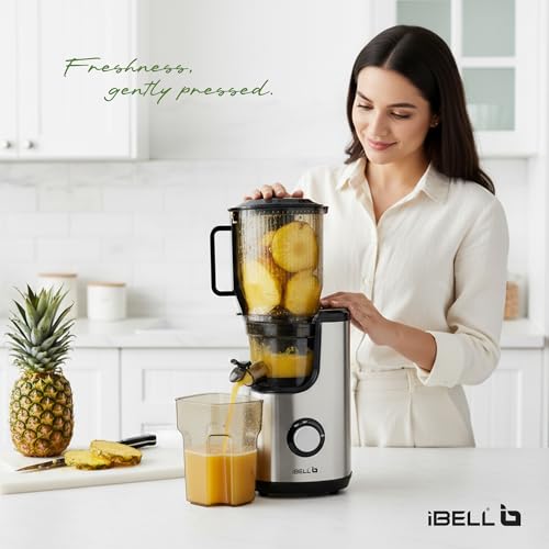 Image of iBELL Cold Press Juicer For Home, Slow Juicer, 300W, All-In-One Juicer for Fruits, Vegetables & Nut Milk, 13 cm Wide Mouth, High Juice Yield, Low Noise, Easy Clean, 10-Year Warranty