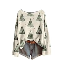 Women's Christmas Jumpers Xmas Tree Print Ladies Tops Funny Christmas Jumpers for Women UK Boho Sweatshirt Xmas Pullover