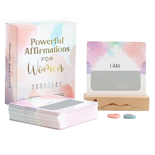 Ready Set Scratch - Powerful Affirmations for Women - 52 Scratch Off Cards with Wooden Stand & Heart Scratchers - Gift Box Messages for Encouragement, Confidence Building, Empowerment & Self Care -