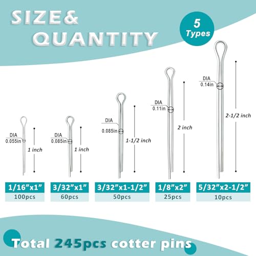 Cotter Pin Assortment Kit, 245pcs Hardware Pins 5 Sizes Stainless Steel Cotter Pins for Mower, Tractor, Motorcycle, Boat, Vehicle, etc.