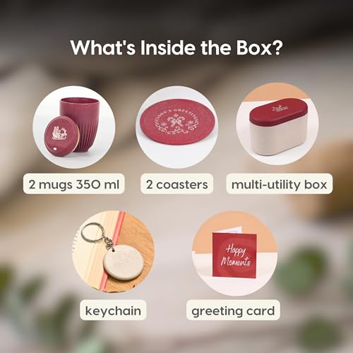 Image of Eha Earth-Friendly Christmas Gifts for Friends and Family | Secret Santa Gifts | Made with Rice Husk | Printed Christmas Mug and Coasters Set of 2, Keychain & Loopac Box | 360 ml | Coral