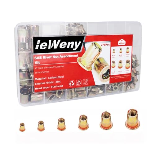 ieWeny Rivet Nut Assortment Kit(278Pcs), 1/4"-20, 3/8"-16, 5/16"-18, #10-24, #8-32, #6-32UNC SAE Carbon Steel Rivnuts Set, Threaded Inserts for Sheet Metal, Automotive and Tube