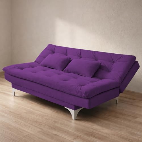 Image of Krancy Solid Wood 3 Seater Sofa Cum Bed with Ottomon | Convertible Wooden Couch for Living Room, Home & Office | Modern Designer Furniture | 1 Year Warranty | Purple Color