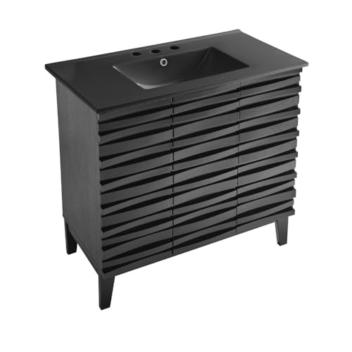 Image of Swiss Madison Cascade 36 in. Black Oak Bathroom Vanity with Black, 3-Hole Ceramic Sink Top