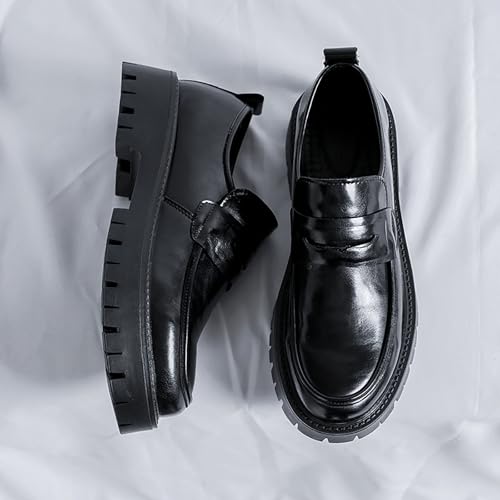 Men's Soft Leather Slip-On Platform Penny Loafers Comfortable Round Toe Lug Sole Chunky Heel Dress Shoes Fashion Retro Business Work Shoes3