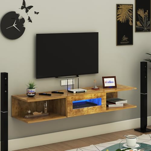 Image of Anikaa Vetra Wall Mount Modern Floating TV Unit for Living Room with Open Shelf Storage Cabinet & Middle Cabinet Blue LED Light (Ideal for 32 to 65 inch TV, DIY Installation, Gaintwood Finish)