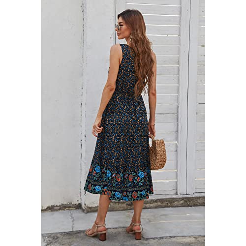 Image of BROVAVE Women Summer Bohemian Floral Print V Neck Sleeveless Sundress Flowy Casual Midi Dress