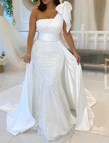 Lyhias One Shoulder Sparkle Mermaid Wedding Dress for Women Strapless Sequins Bridal Gowns with Court Train JD0073