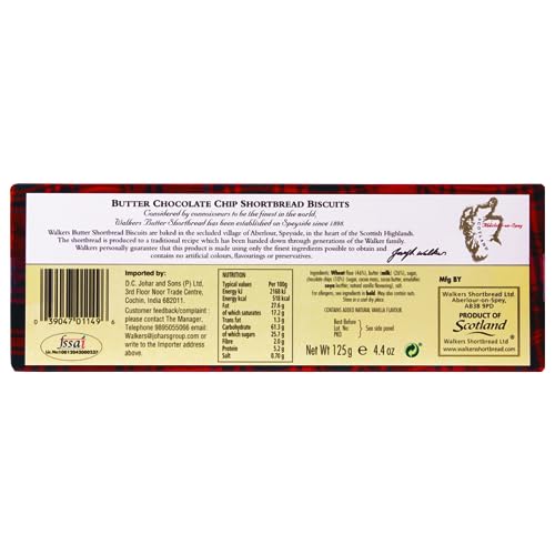 Walkers Butter Chocolate Chip Shortbread Biscuits| Traditional Scottish Cookies Loaded with Choco Chips | Eggless, No Added Preservatives, No Artificial Colors or Flavours, 4.4 oz/ 125g