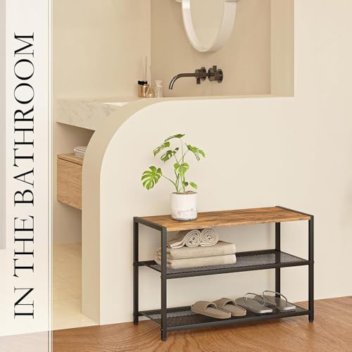 Image of Wooden 3-Tier Shoe Bench with Hanging Heel Storage, Industrial Entryway Organizer, Wooden Top Seating Bench, Metal Mesh Shelves Shoe Rack for Hallway and Closet