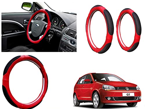 Image of Microfiber Car Steering Wheel Cover, Soft Padding Great Hand Feel, Anti-Slip, Faux Leather Steering Cover for Volkswagen Polo Vivo GT | Black Red Jali - Pack of 1