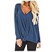 GANBADIE - Camiseta de manga larga y cuello en V para mujer, color liso, camiseta irregular, camiseta elegante, azul, M