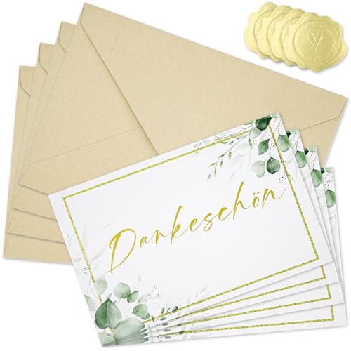 NISENTIA Dankeschön Karte, 4 Stück Dankeskarten, Karte Danke mit 4 Kraftpapier Briefumschläge und 4 Gold Siegel Aufkleber, Danke Karten mit umschlag für Lehrer Kollege, Lehrerin, Familie, Freund