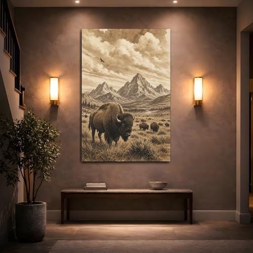 Impression sur toile de bison au style sépia : décoration murale verticale haut de gamme