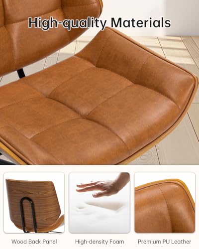 Image of Home Office Chair No Arms,Armless Adjustable Height Small Desk Chair,PU Leather Swivel Computer Chair with Wheels,Mid-Century Modern Walnut Mid Back Chair for Office, Reading Room,Bedroom(Brown)