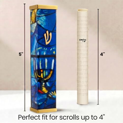 Image of SURI Mezuzah with Scroll for Door | 5 Inch Modern Aluminum Mezuzah Case | Fits 4 Inch Scroll | Gold & Silver Chagall-Inspired Design | Self Adhesive Easy Install | Judaica Jewish Gift