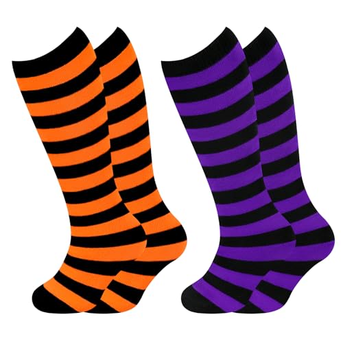 Image of Sarfel Kids Soccer Socks Toddler Soccer Socks Girls Boys Soccer Socks Kids Tube Socks with Stripes Toddler Knee High Socks, 2 Pack Black /Orange Stripe, Black /Purple Stripe, 3-6 Years