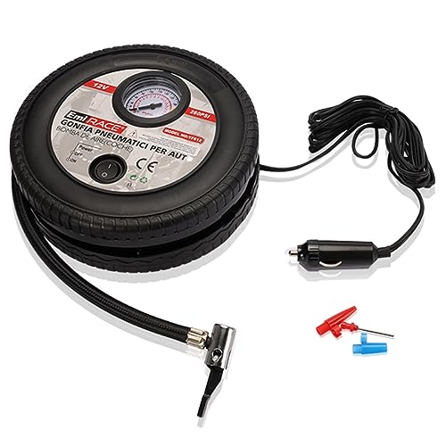 A2ZWORLD Mini compresor portátil para coche, inflador de neumáticos de coche portátil, 12 V, profesional, bomba de aire con manómetro analógico, toma encendedor de cigarrillos, forma neumática
