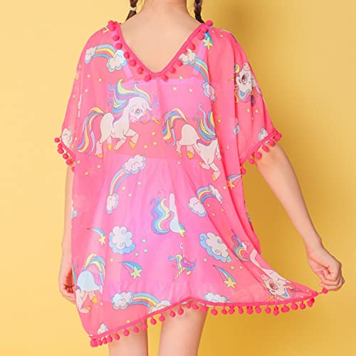 Unicorn Girls Swim Cover Up Beach Summer Swimwear Cover Ups Quick Dry Swimsuit Wraps With Cute Pom Pom Trim Rose Red 3-4 Years #TOP2