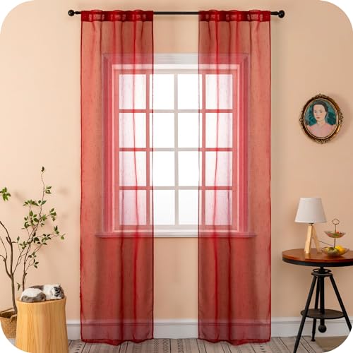 GIRASOLE Paire de rideaux en voile transparent effet lin pour salon, chambre à coucher, balcon et fenêtre et intérieur, 2 panneaux avec passants (rouge, 70...